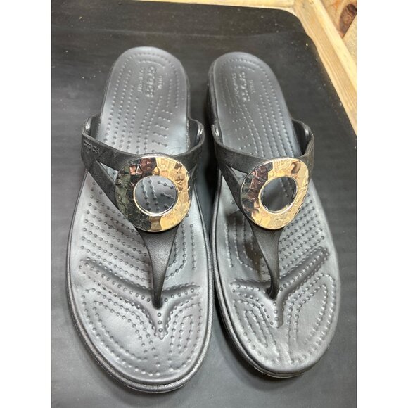 Womens Crocs Wedge Sandals Metallic Circle Detail Black Dual Comfort Size 11 - Picture 3 of 8